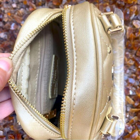 NWT Badgley Mischka Studio Metallic Gold Quilted Studded Dome Crossbody Bag. - Picture 12 of 15